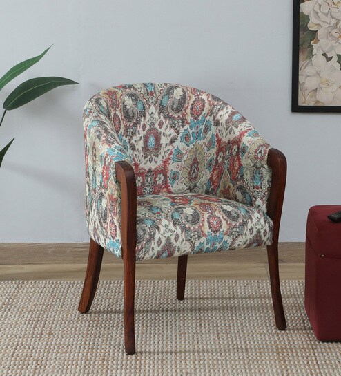 Seaton Sheesham Wood Arm Chair In Rustic Teak Finish With Abstract Print