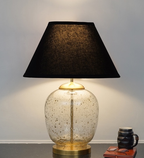 Secret Water Droplets On Glass And Brass Finish Metal Large Table Lamp With Black Cotton Shade
