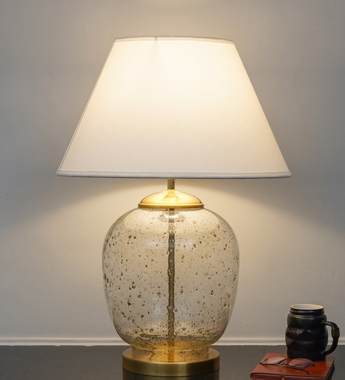 Secret Water Droplets On Glass And Brass Finish Metal Large Table Lamp With White Cotton Shade