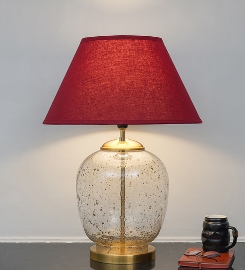 Secret Water Droplets On Glass And Brass Finish Metal Large Table Lamp With Maroon Cotton Shade