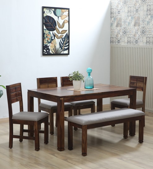 Segur Sheesham Wood 6 Seater Dining Set In Provincial Teak Finish with 01 Table 01 Bench and 4 Chairs