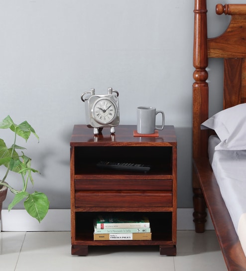 Segur Sheesham Wood Bedside Table In Honey Oak Finish With Drawer