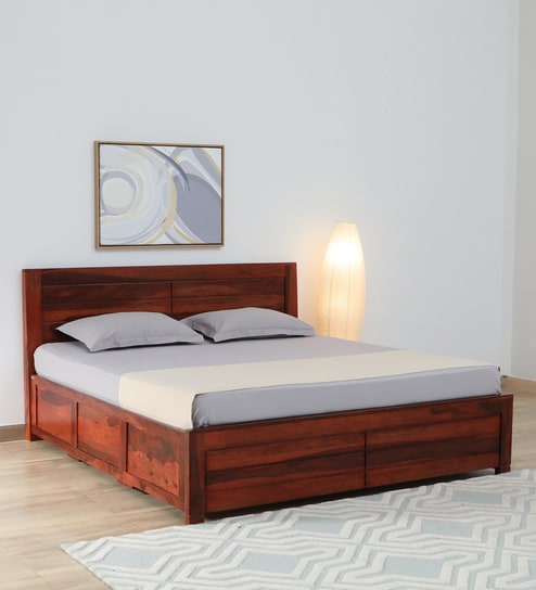 Segur Sheesham Wood King Size Bed In Honey Oak Finish With Box Storage