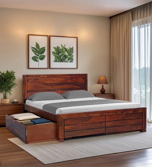 Segur Sheesham Wood King Size Bed In Honey Oak Finish With Drawer Storage