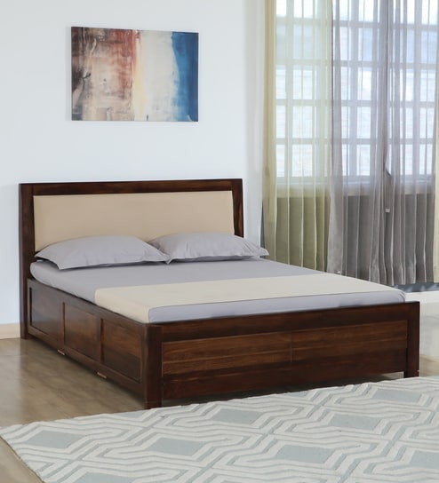 Segur Sheesham Wood King Size Bed In Provincial Teak Finish With Beige Padded Headboard Hydraulic Storage