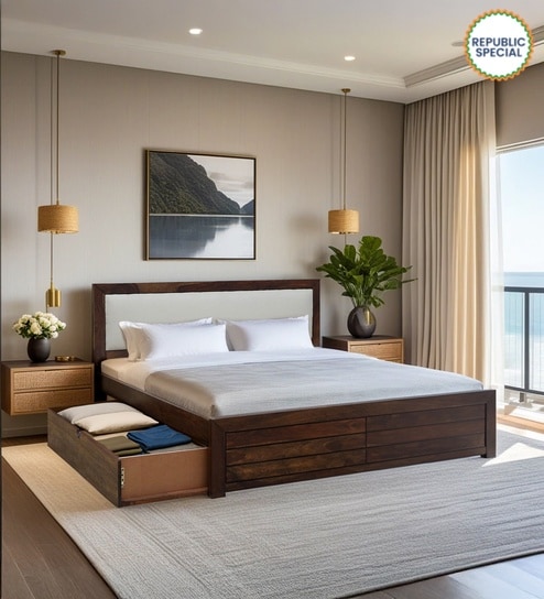 Segur Sheesham Wood King Size Bed In Provincial Teak Finish With Drawer Storage