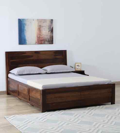 Segur Sheesham Wood King Size Bed In Provincial Teak Finish With Hydraulic Storage
