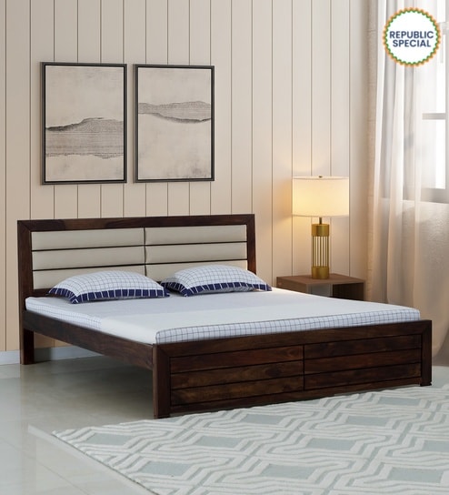 Segur Sheesham Wood King Size Bed In Provincial Teak Finish with Padded Headboard