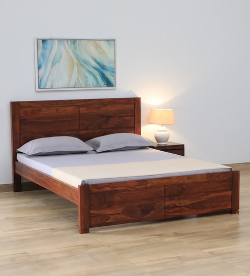 Segur Sheesham Wood Queen Size Bed In Honey Oak Finish