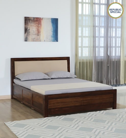 Segur Sheesham Wood Queen Size Bed In Provincial Teak Finish With Beige Padded Headboard Hydraulic Storage