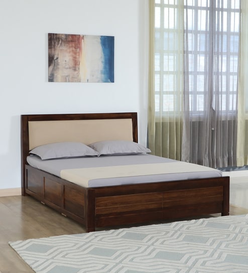 Segur Sheesham Wood Queen Size Bed In Provincial Teak Finish With Beige Padded Headboard Hydraulic Storage