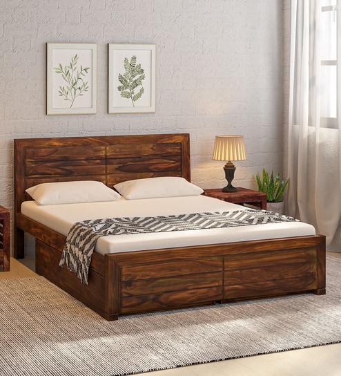 Segur Sheesham Wood Queen Size Bed In Provincial Teak Finish With Drawer Storage