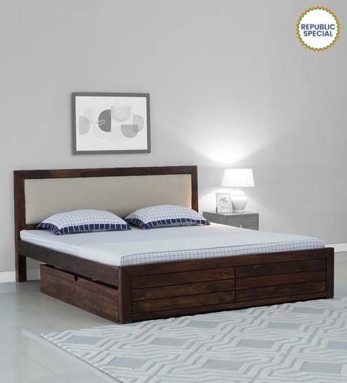 Segur Sheesham Wood Queen Size Bed In Provincial Teak Finish With Drawer Storage