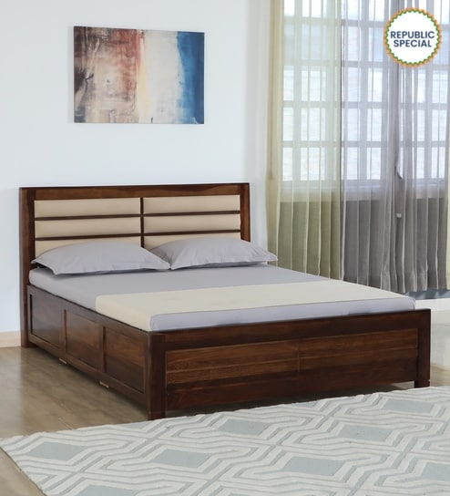 Segur Sheesham Wood Queen Size Bed In Provincial Teak Finish With Padded Headboard Hydraulic Storage