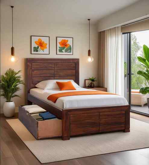 Segur Sheesham Wood Single Bed In Provincial Teak Finish With Drawer Storage