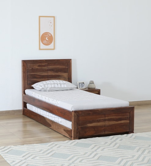 Segur Sheesham Wood Single Bed In Rustic Teak Finish With Trundle