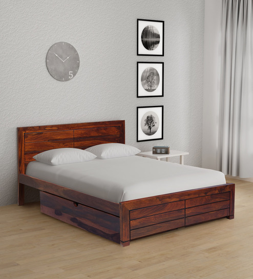 Buy Segur Solid Wood Queen Size Bed With Storage In Honey Oak Finish By Woodsworth Online Modern Queen Size Beds Beds Furniture Pepperfry Product