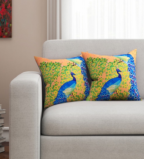 Blue Floral Peacock Cotton 16 x 16 Inches Cushion Covers (Set of 2)