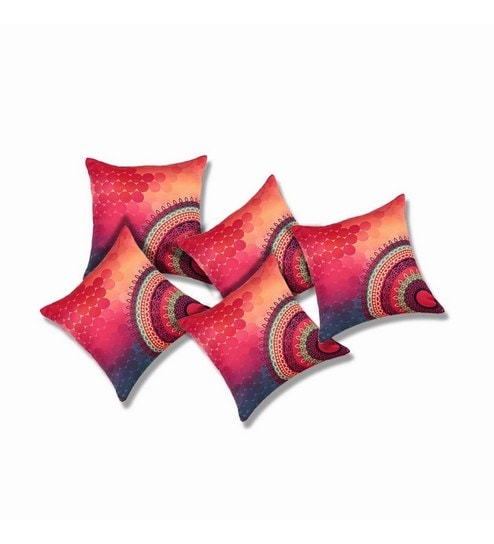 Red Traditional Silk 16 x 16 Inches Cushion Covers (Set of 5)