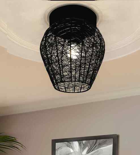 Semi Flush Mount Ceiling Light, 1-Light Black Industrial Fixture with Metal Mesh Shade
