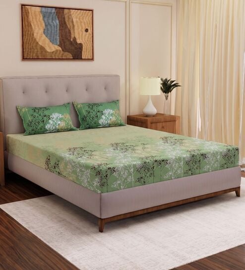 Green Leaf 144 TC Cotton King Sized Bedsheet With 2 Pillow Covers