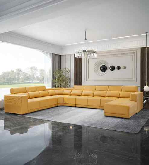 Seranova Leatherette Corner Sofa With Adjustable Headrests in Mustard Yellow Colour