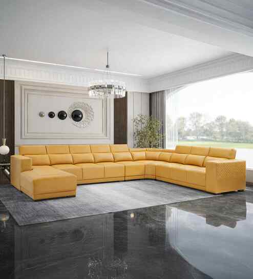 Seranova Leatherette Corner Sofa With Adjustable Headrests in Mustard Yellow Colour