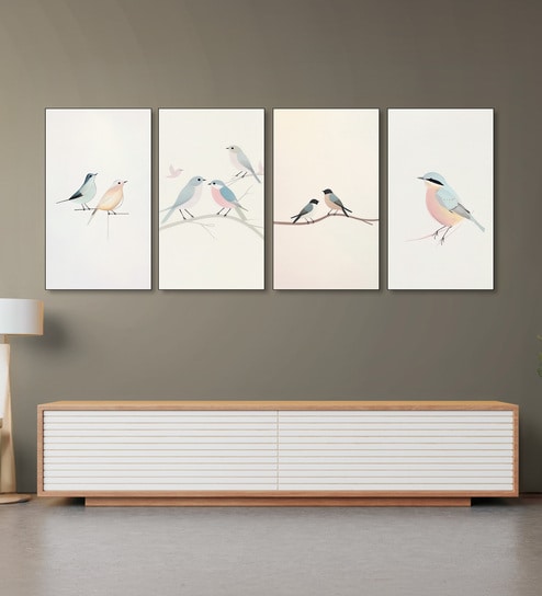 Bird Art Set of 4 Canvas Wall Painting Black Frame