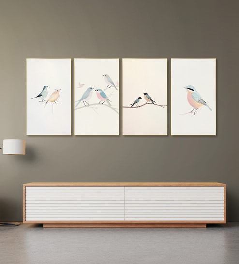 Bird Art Set of 4 Canvas Wall Painting Gold Frame