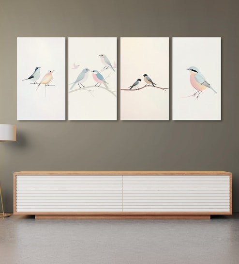 Bird Art Set of 4 Canvas Wall Painting White Frame
