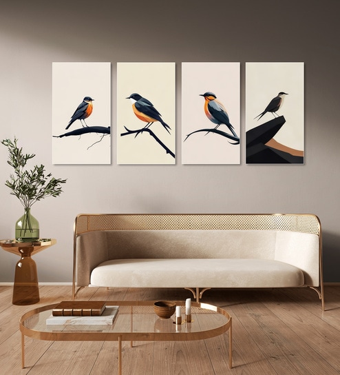 Bird Wall Art Collection Set of 4 Canvas Wall Painting White Frame