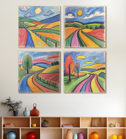 Landscape Canvas Wall Painting Set of 4 Gold Frame