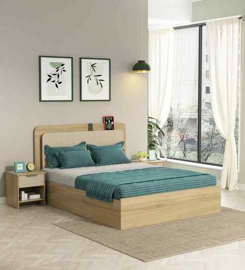Serene Queen Size Bed With Box Floor Storage In Santana Oak & Bamboo Flute Finish