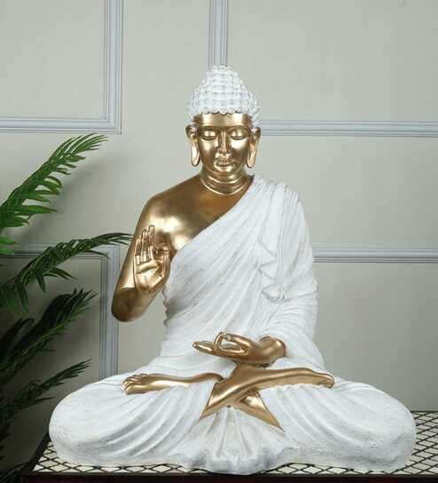 Serene Seated White & Gold Buddha Statue Elegant Decorative Idol