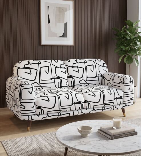Serenee Abstract Linear 2 Seater Polyester Upholstered Sofa In White And Black Colour