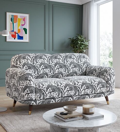 Serenee Safari Sketch 2 Seater  Polyester Upholstered Sofa In White And Black Colour