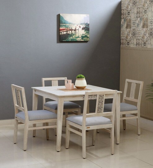 Serengeti Solid Wood 4 Seater Dining Set In Whitewash Finish