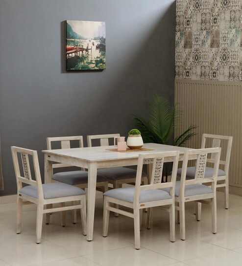 Serengeti Solid Wood 6 Seater Dining Set In Whitewash Finish