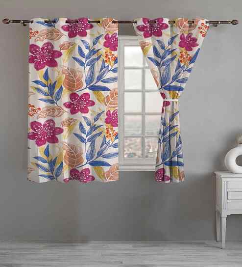 Purple Cotton Floral 5ft Eyelet Window Curtains (2 Pcs)