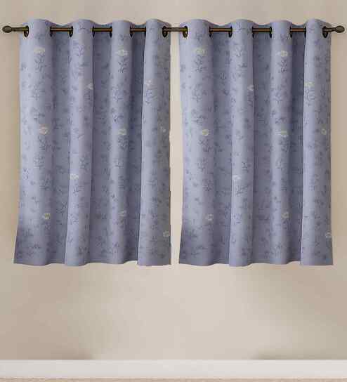 Grey Cotton Floral 5ft Eyelet Window Curtains (2 Pcs)
