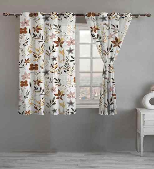 Beige Cotton Floral 5ft Eyelet Window Curtains (2 Pcs)