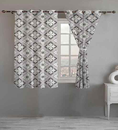 Grey Cotton Floral 5ft Eyelet Window Curtains (2 Pcs)