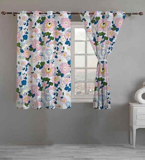 Beige Cotton Floral 5ft Eyelet Window Curtains (2 Pcs)
