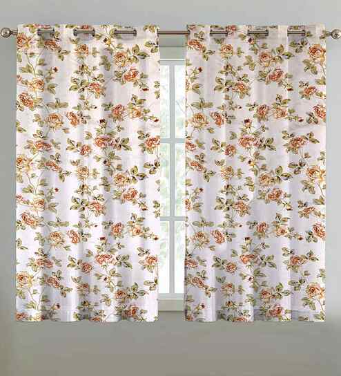 Beige Cotton Floral 5ft Eyelet Window Curtains (2 Pcs)