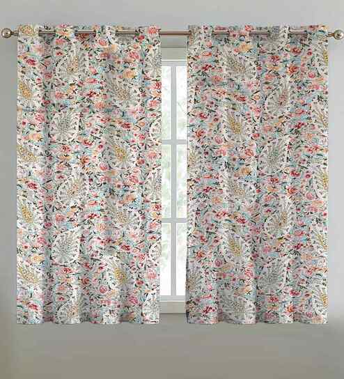 Beige Cotton Floral 5ft Eyelet Window Curtains (2 Pcs)