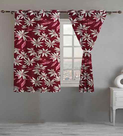 Maroon Cotton Floral 5ft Window Curtains (2 Pcs)