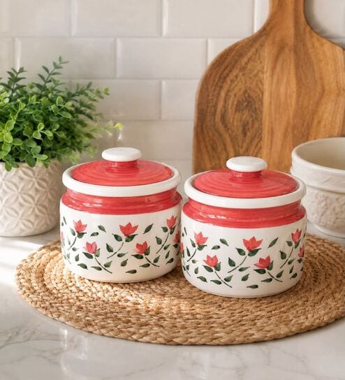 Set Of 2 Red & White 600 ML Ceramic Barni Jar with Lid