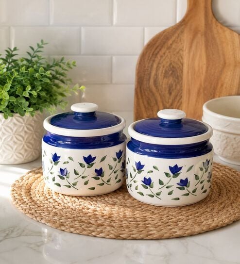 Set Of 2 Blue & White 600 ML Ceramic Barni Jar with Lid