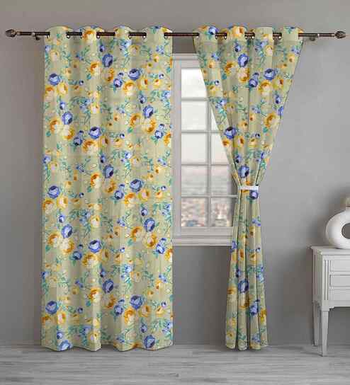 Beige Cotton Floral 7ft Eyelet Door Curtains (2 Pcs)