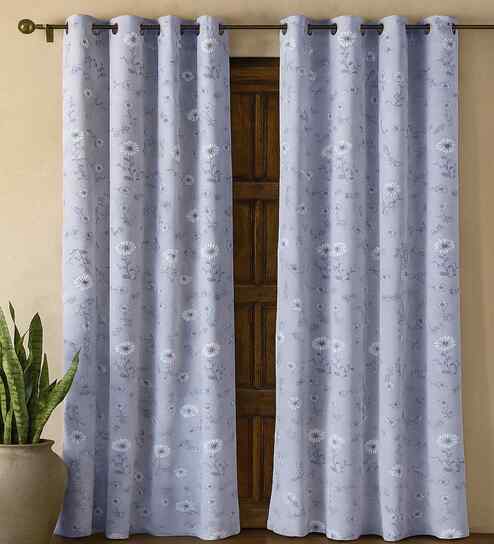Grey Cotton Floral 7ft Eyelet Door Curtains (2 Pcs)